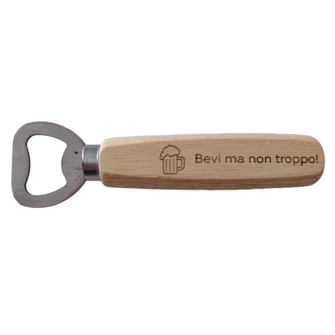 Generico Apribottiglie Classico in Acciaio con Manico in Legno, 14 cm, Design "Bevi ma non troppo!", Colore Legno Chiaro 4