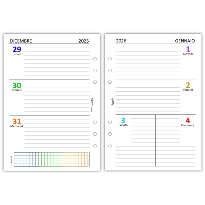 Ricambio Agenda Settimanale A5, 15x21cm, 2026 ,   6 Fori, Carta 90gr, Layout con Griglia Appunti 2