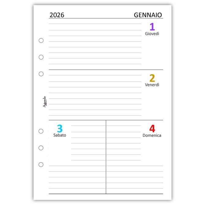 Ricambio Agenda Settimanale A5, 15x21cm, 2026 ,   6 Fori, Carta 90gr, Layout con Griglia Appunti 4