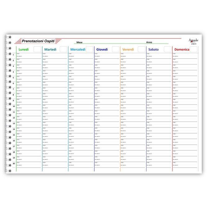 Planning da tavolo A3 spiralato PRENOTAZIONE OSPITI  - 20 ingressi per giorno - 30x42 cm  - 55 fogli 2