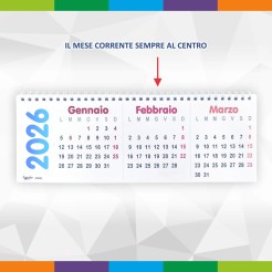 Calendario da Tavolo Trittico 2026, 3 Mesi a Vista, Formato 10x30 cm, Design Colorato con Mese Corrente al Centro 1 2