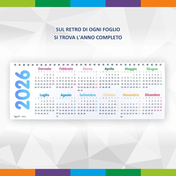 Calendario da Tavolo Trittico 2026, 3 Mesi a Vista, Formato 10x30 cm, Design Colorato con Mese Corrente al Centro 3