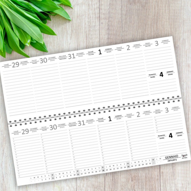 Planning settimanale 2026 GREY spiralato 10x30cm su due pagine orario festivi evidenziati natura grigio 7