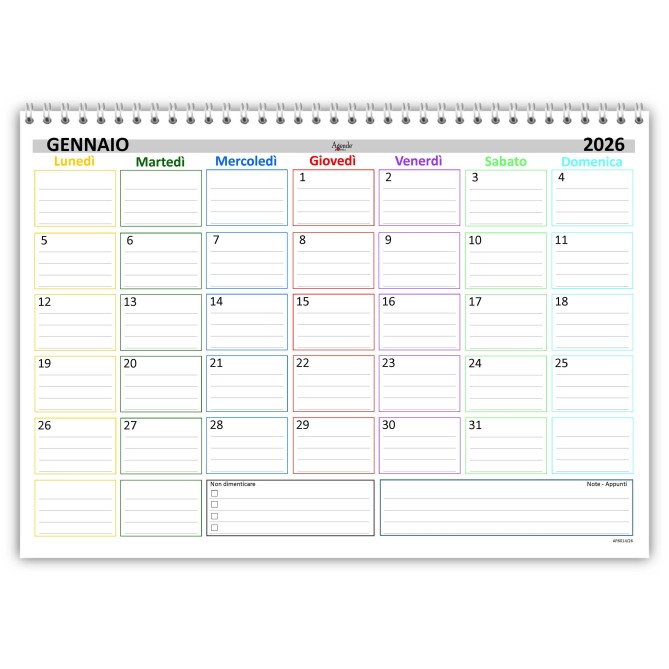 Planning Mensile A4 2026-2027, Agenda Spiralata 21x30cm, 24 Fogli , settimana Colorata 1