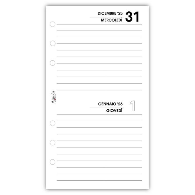 Ricambio agenda organizer BI giornaliera a righe 2026 ,9,5x17cm 80gr , 6fori 2 GIORNI PER PAGINA 5