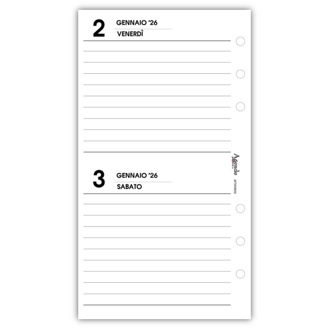 Ricambio agenda organizer BI giornaliera a righe 2026 ,9,5x17cm 80gr , 6fori 2 GIORNI PER PAGINA 6