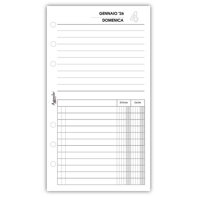 Ricambio agenda organizer BI giornaliera a righe 2026 ,9,5x17cm 80gr , 6fori 2 GIORNI PER PAGINA 7