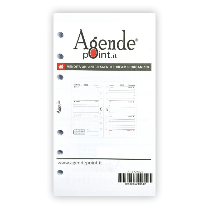 Ricambio Agenda Organizer Settimanale , Bilingue, 9,5x17cm, 90gr, Bianco, 2 Pagine per Settimana 21
