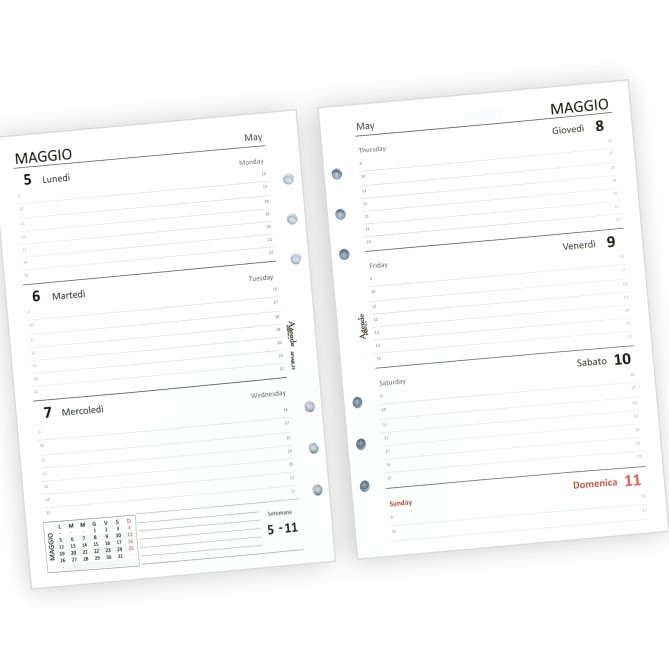 Ricambio Agenda Settimanale Bilingue Italiano/Inglese 2026, Formato A5 15x21 cm, 6 Fori, Carta 90g FSC 9