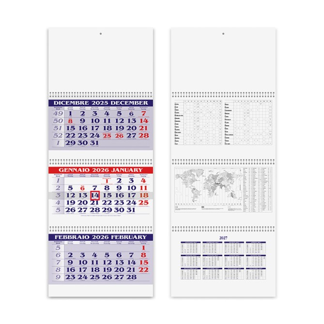 Calendario da muro 2026 trittico mensile 12x3mesi rosso blu 32x80cm spiralato 1