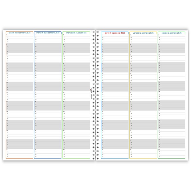 Agenda Settimanale Spiralata 2026, A4 21x30 cm, Copertina Morbida Plastificata, Oraria 15 Min,dal lunedì al sabato 4