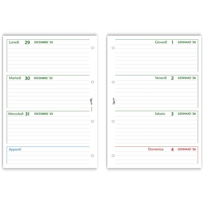 Ricambio agenda organizer settimanale 2026 , 21x30cm A4, GREEN   90gr 4fori 3
