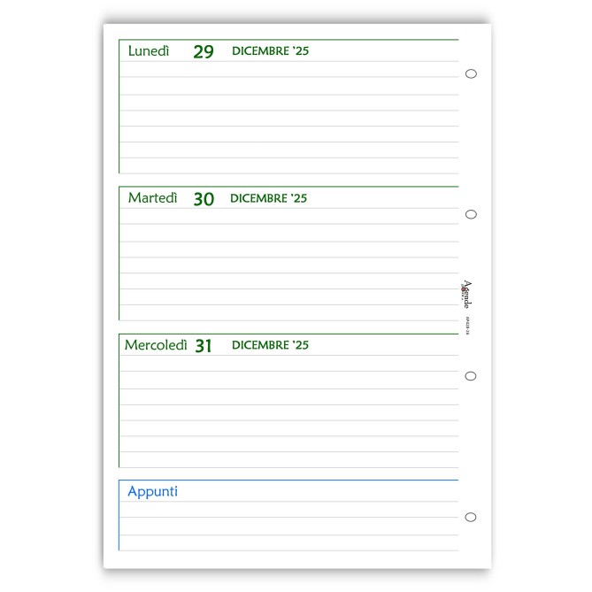 Ricambio agenda organizer settimanale 2026 , 21x30cm A4, GREEN   90gr 4fori 4