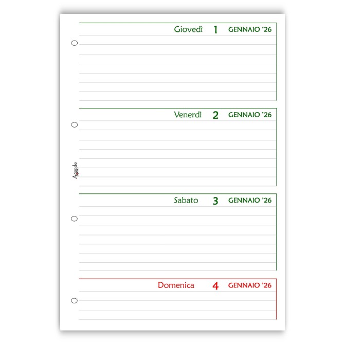 Ricambio agenda organizer settimanale 2026 , 21x30cm A4, GREEN   90gr 4fori 5