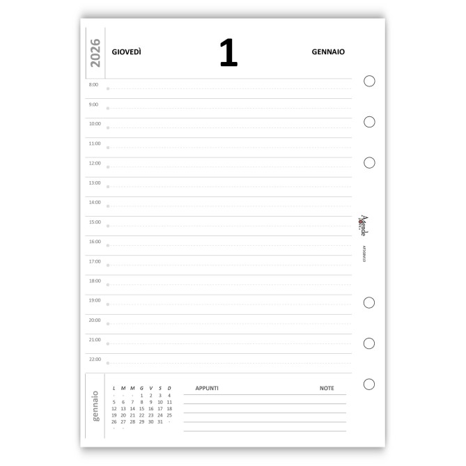 Ricambio Agenda Giornaliera 2026 15x21cm A5 Organizer Bianco Forata 6 Fori 3