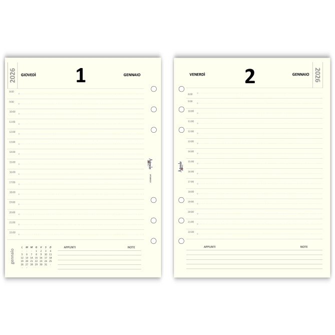 Ricambio Agenda Giornaliera 2026 15x21cm A5 Organizer Avorio Forata 6 Fori 1