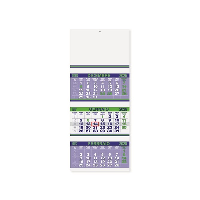 Calendario da muro 2026 trittico mensile 12x3mesi fluo VERDE blu 32x80cm microperforato 1