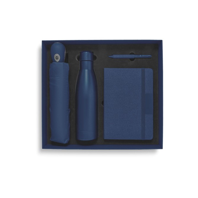 Set regalo con Borraccia termica in Acciaio - Taccuino - Penna - Ombrello BLU 1