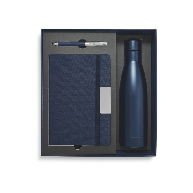 Set regalo con Borraccia termica in Acciaio - Taccuino - Penna - Blu 1