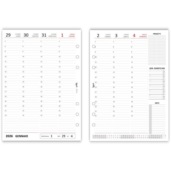Ricambio Agenda Settimanale Verticale 2026, Formato A5 15x21cm, 6 Fori, Carta 90gr, Organizer con Note e Progetti 5