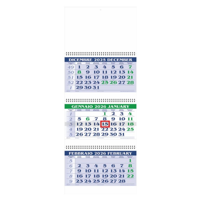 Calendario da muro 2026 trittico mensile 12x3mesi verde blu 32x80cm spiralato 1