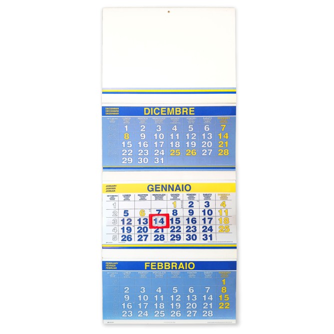 Calendario da Muro 2026 Trittico Mensile, Giallo Fluo e Blu, 32x80 cm, 3 Mesi a Vista, Microperforato con Cursore Rosso 1