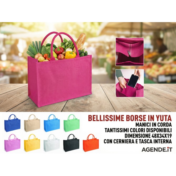 Borsa Arianna in juta tinta laminata con manici in corda da 50cm, chiusura zip e taschino interno - Dimensioni 48x34x19. 13