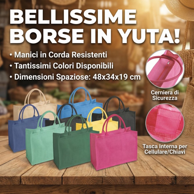 Borsa Arianna in juta tinta laminata con manici in corda da 50cm, chiusura zip e taschino interno - Dimensioni 48x34x19. 14