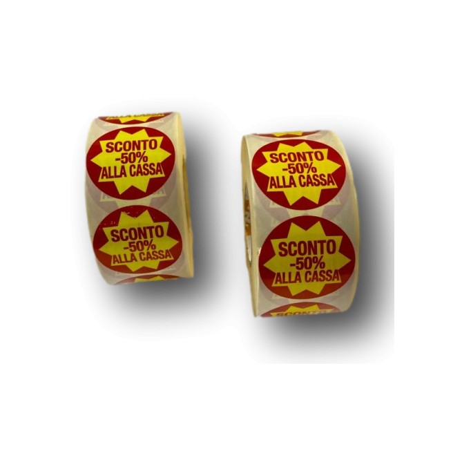 Etichette Adesive Sconto 50% alla Cassa, Rosso e Giallo, 2.000 Etichette, 2 Rotoli, Adesivi Promozionali per Negozi 4
