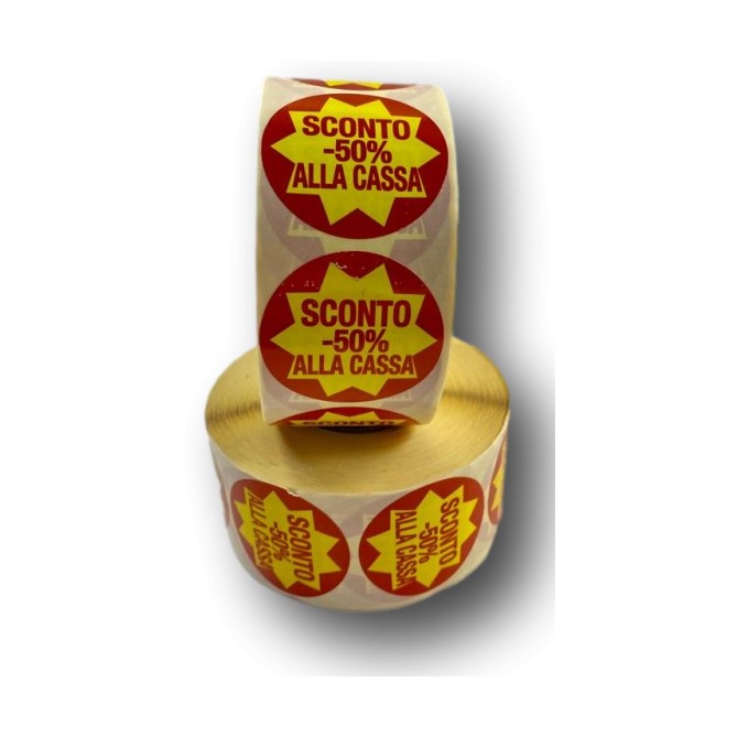 Etichette Adesive Sconto 50% alla Cassa, Rosso e Giallo, 2.000 Etichette, 2 Rotoli, Adesivi Promozionali per Negozi 5