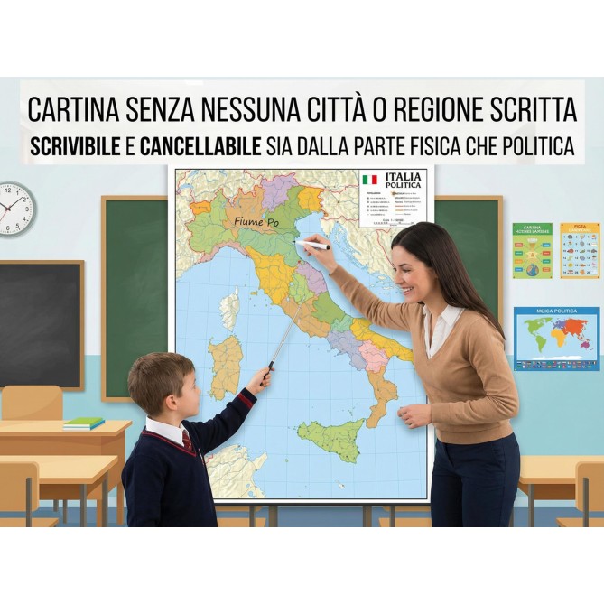 Carta Geografica Murale Italia VUOTA SCRIVIBILE e CANCELLABILE 100x140 Scolastica Bifacciale Fisica E Politica 1