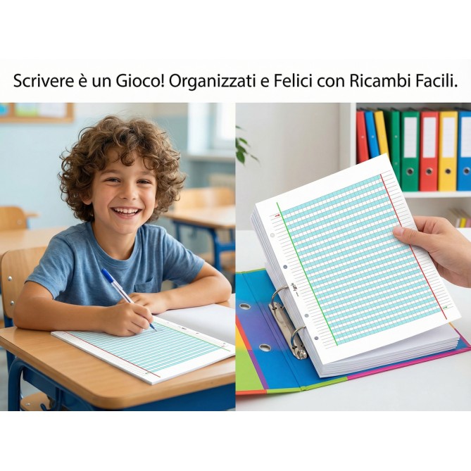 Ricambi Didattici Facilitati per Dislessia e Disgrafia, Quadretti 5mm, A4 con 4 Fori, 40 Fogli da 100gr RINFORZATI, 3a Elem. 6