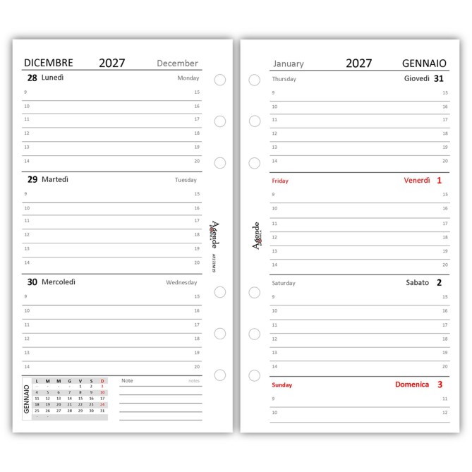 Ricambio Agenda Organizer Settimanale 2027, Bilingue, 9,5x17cm, 90gr, Bianco, 2 Pagine per Settimana 2