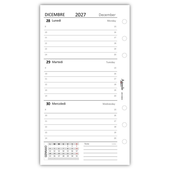 Ricambio Agenda Organizer Settimanale 2027, Bilingue, 9,5x17cm, 90gr, Bianco, 2 Pagine per Settimana 3