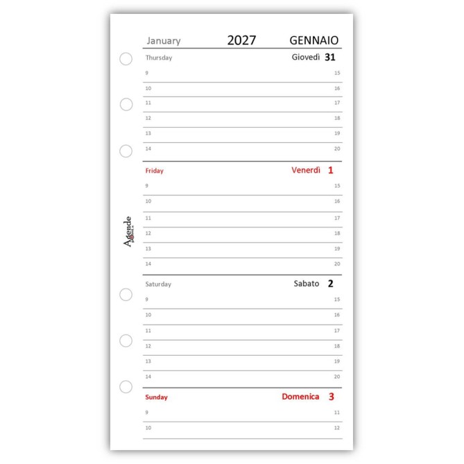 Ricambio Agenda Organizer Settimanale 2027, Bilingue, 9,5x17cm, 90gr, Bianco, 2 Pagine per Settimana 4