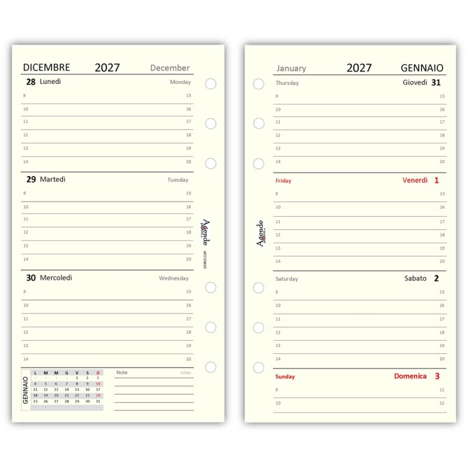 Ricambio Agenda Organizer Settimanale 2027, Bilingue, 9,5x17cm, 90gr, Avorio, 2 Pagine per Settimana 1