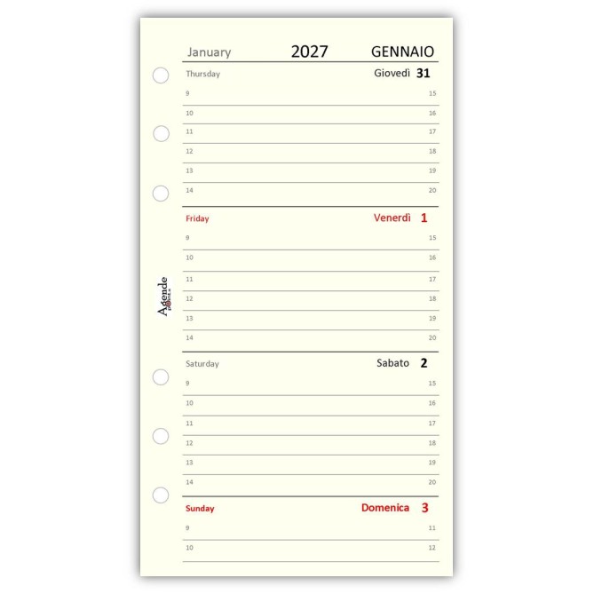 Ricambio Agenda Organizer Settimanale 2027, Bilingue, 9,5x17cm, 90gr, Avorio, 2 Pagine per Settimana 2