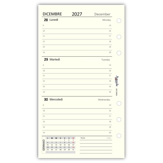 Ricambio Agenda Organizer Settimanale 2027, Bilingue, 9,5x17cm, 90gr, Avorio, 2 Pagine per Settimana 3