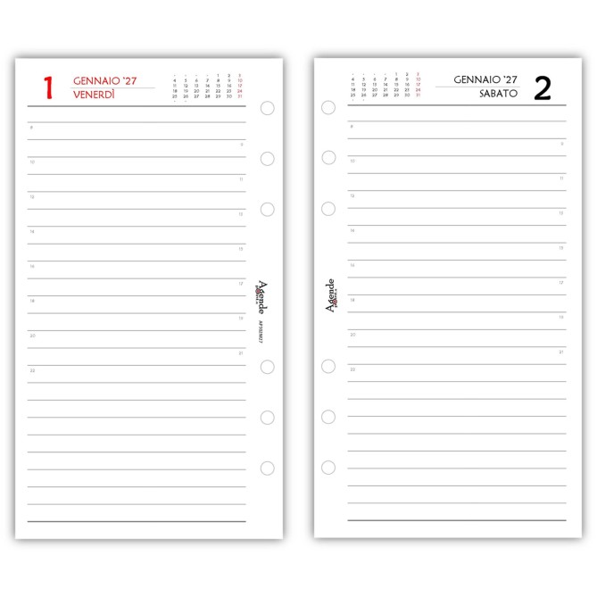 Ricambio Agenda 2027 Organizer Giornaliera a Righe, 9,5x17 cm, 6 Fori, Carta Bianca 80gr, Bianco e Rosso 6