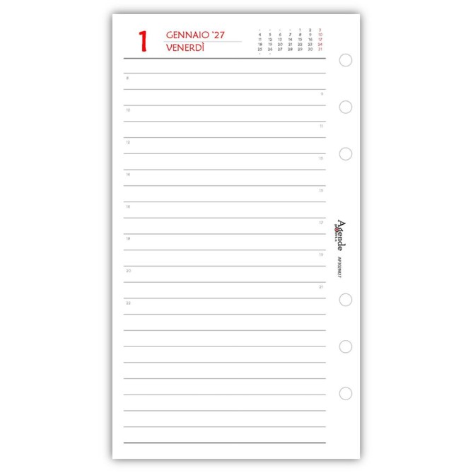 Ricambio Agenda 2027 Organizer Giornaliera a Righe, 9,5x17 cm, 6 Fori, Carta Bianca 80gr, Bianco e Rosso 8