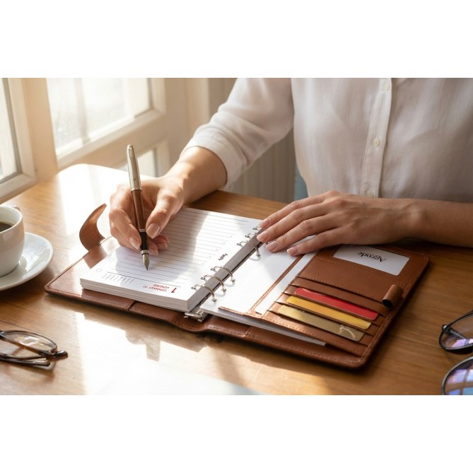 Ricambio Agenda 2026 Organizer Giornaliera a Righe, 9,5x17 cm, 6 Fori, Carta Bianca 80gr, Bianco e Rosso 9