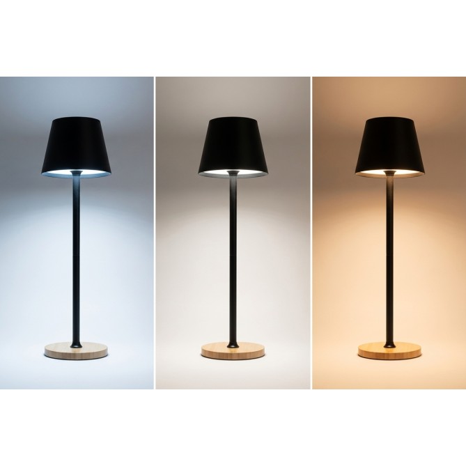 Lampada da Tavolo LED in Metallo ricaricabile , NERA, 3 Modalità di Illuminazione, Base in Legno, 39x10 cm 2