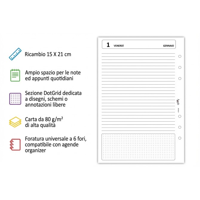 Agende Ricambio Giornaliero 2027 A5 15x21 cm, 6 Fori Universali, con Sezione DotGrid, Carta 80 g/m² 8