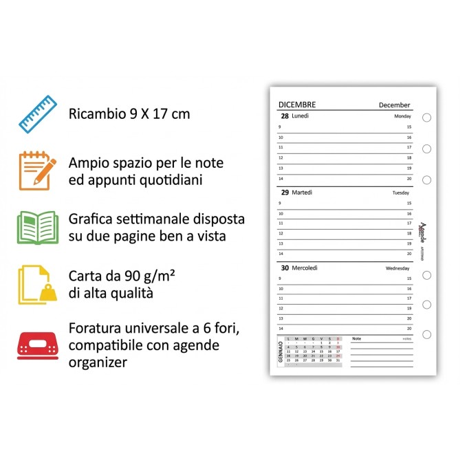 Ricambio Agenda Organizer Settimanale 2027, Bilingue, 9,5x17cm, 90gr, Bianco, 2 Pagine per Settimana 13