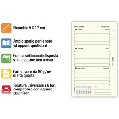 Ricambio Agenda Organizer Settimanale 2027, Bilingue, 9,5x17cm, 90gr, Avorio, 2 Pagine per Settimana 1 2