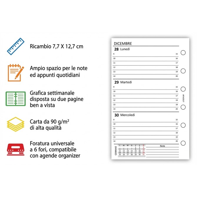 Ricambio Agenda Organizer Settimanale 2027, 7x12cm, 90gr, Bianco 7