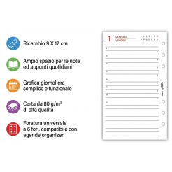 Ricambio Agenda 2026 Organizer Giornaliera a Righe, 9,5x17 cm, 6 Fori, Carta Bianca 80gr, Bianco e Rosso 2 2