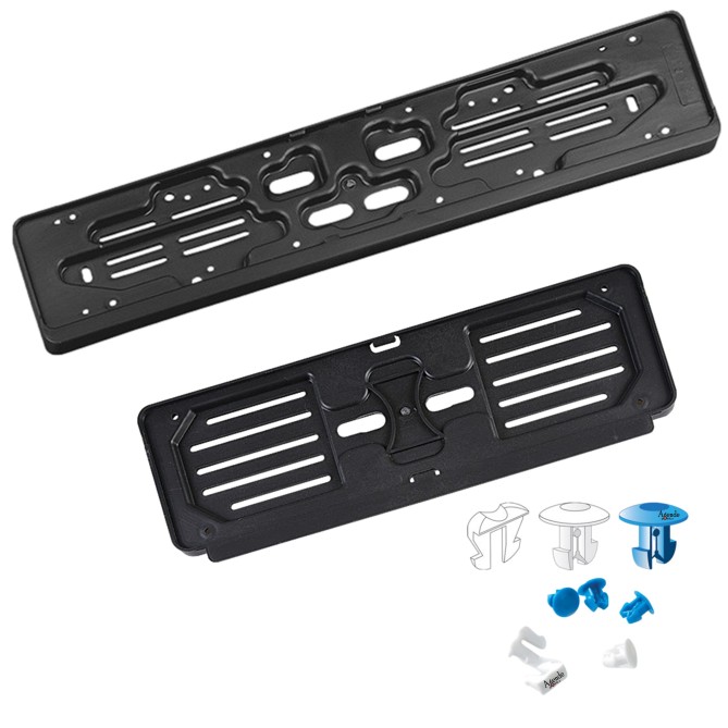 Set 2 pz - Portatarghe in Plastica posteriore e anteriore, 36x13 cm e 52x11 cm, Nero, con 12 Ganci di Fissaggio 5