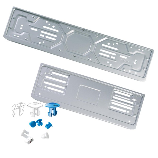 Set 2 pz - Portatarghe in Alluminio, Anteriore e Posteriore, 52x13 cm e 37x13 cm, Argento, con 12 Ganci di Fissaggio 5