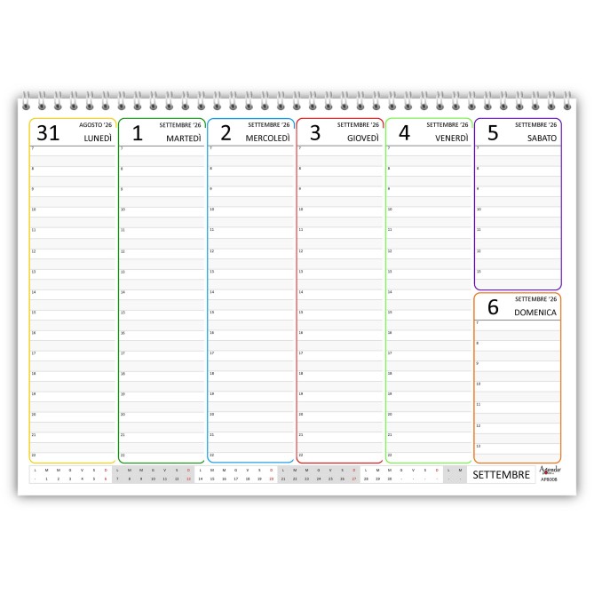 Planning Settimanale A4 2026-2027, 16 MESI da Settembre a Dicembre, Agenda Spiralata 21x30cm - COLORS 7